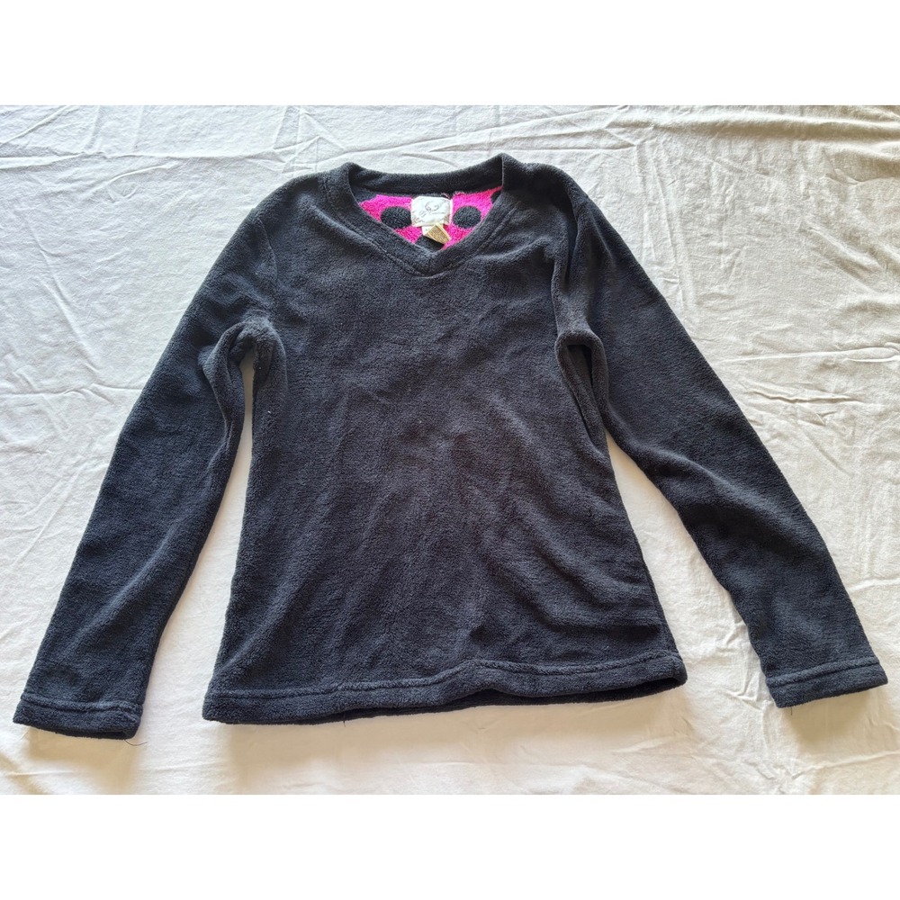 PJ Couture Womens Fleece Pajama Top Black V-Neck Long Sleeve Sleepwear Size M